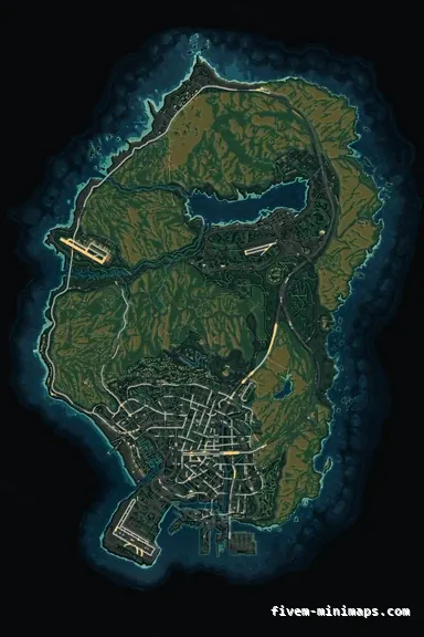 Mixed dark TOPO NIGHT FiveM minimap for GTA V — without postal codes — showing the whole San Andreas map