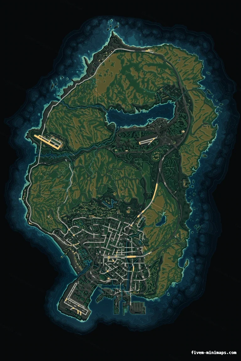 Mixed dark TOPO NIGHT FiveM minimap for GTA V — without postal codes — showing the whole San Andreas map