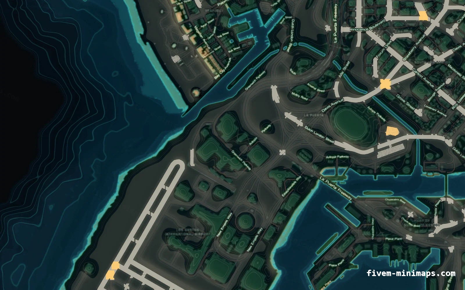 Mixed dark minimap — Harbour Mixed dark TOPO NIGHT FiveM minimap for GTA V — without postal codes — showing the harbour and industrial docks