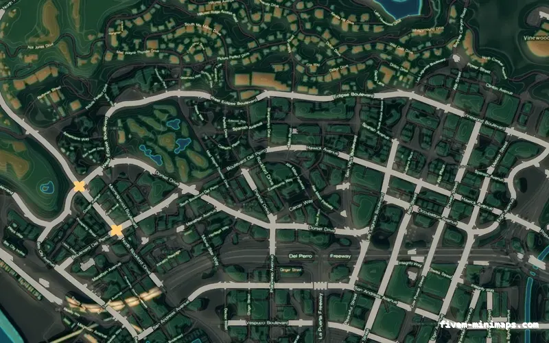 Mixed dark TOPO NIGHT FiveM minimap for GTA V — without postal codes — showing Los Santos street detail