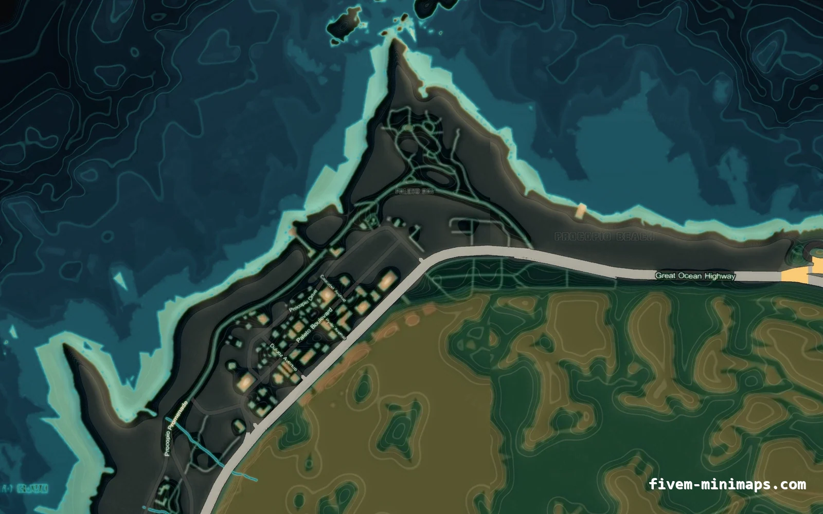 Mixed dark minimap — Paleto Bay Mixed dark TOPO NIGHT FiveM minimap for GTA V — without postal codes — showing Paleto Bay and Mount Chiliad