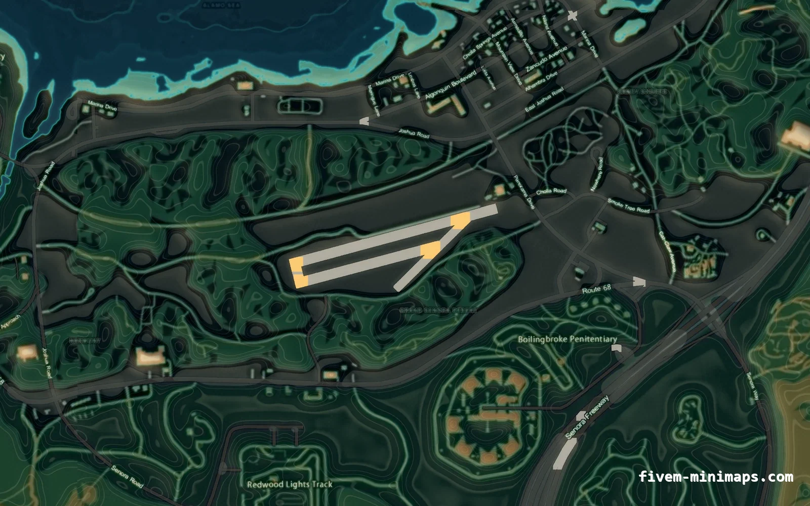 Mixed dark minimap — Sandy Shores Mixed dark TOPO NIGHT FiveM minimap for GTA V — without postal codes — showing Sandy Shores and the desert
