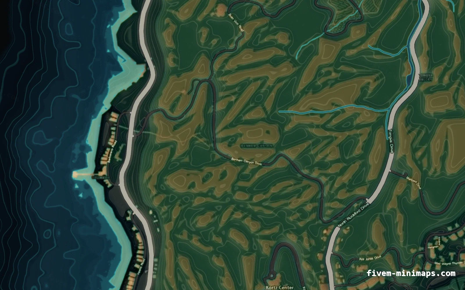 Mixed dark minimap — West coast Mixed dark TOPO NIGHT FiveM minimap for GTA V — without postal codes — showing the west coast and depth contours