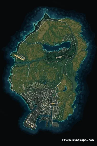 Mixed dark TOPO NIGHT FiveM minimap for GTA V — with postal codes — showing the whole San Andreas map