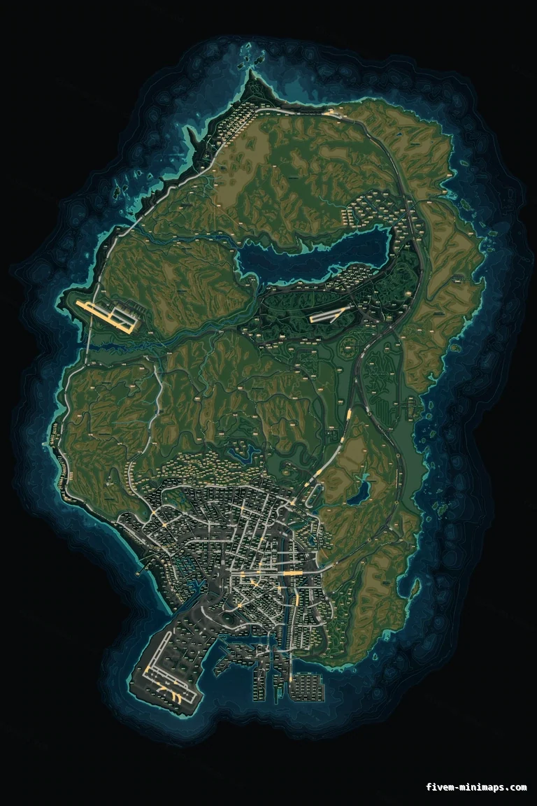 Mixed dark TOPO NIGHT FiveM minimap for GTA V — with postal codes — showing the whole San Andreas map
