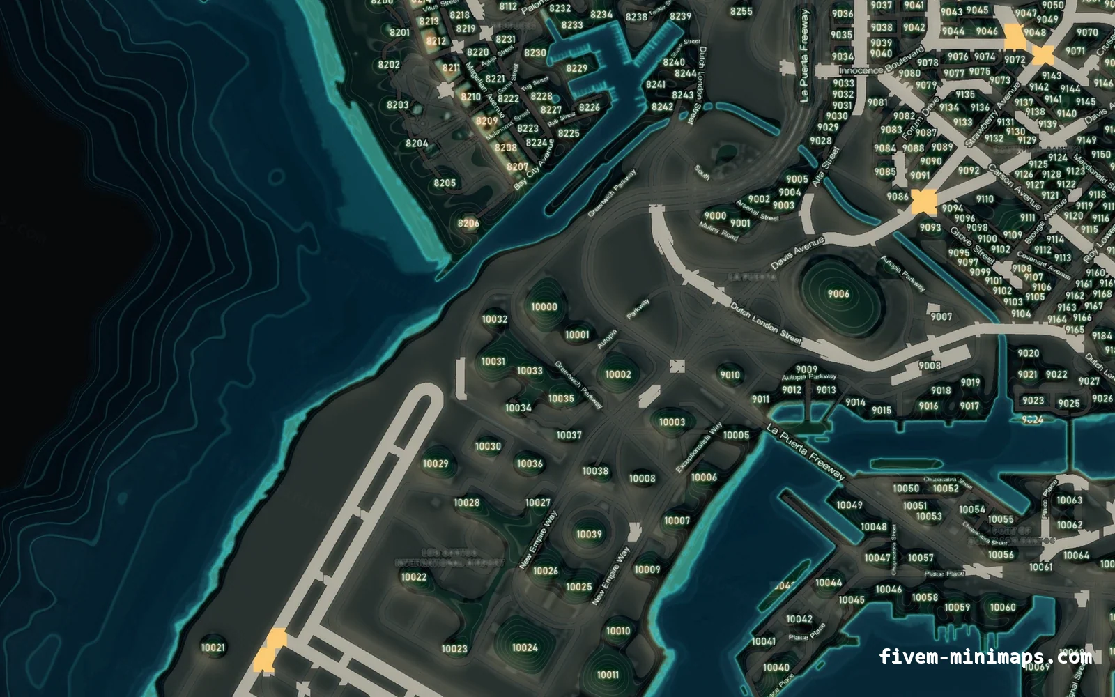 Mixed dark TOPO NIGHT FiveM minimap for GTA V — with postal codes — showing the harbour and industrial docks