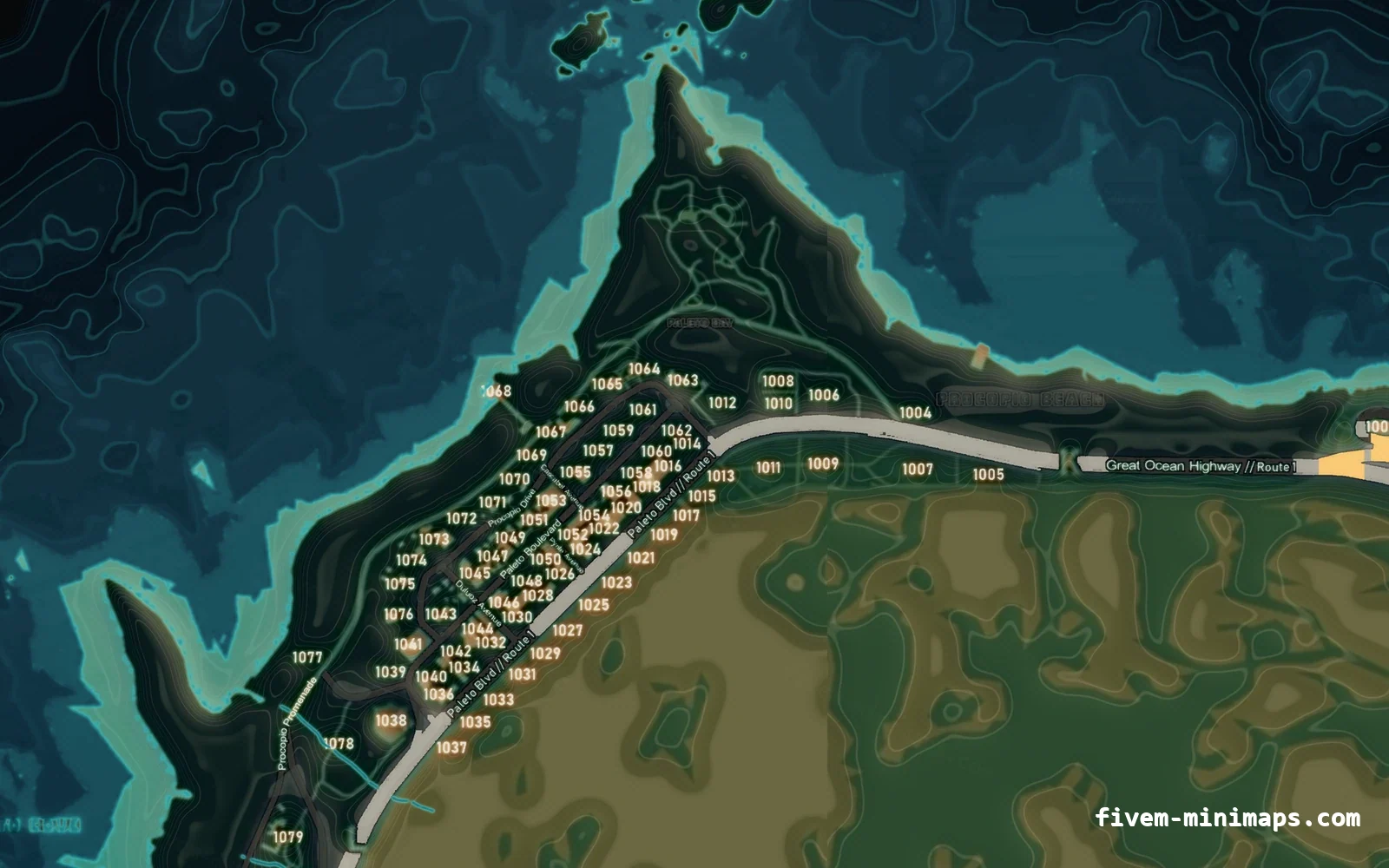 Mixed dark TOPO NIGHT FiveM minimap for GTA V — with postal codes — showing Paleto Bay and Mount Chiliad