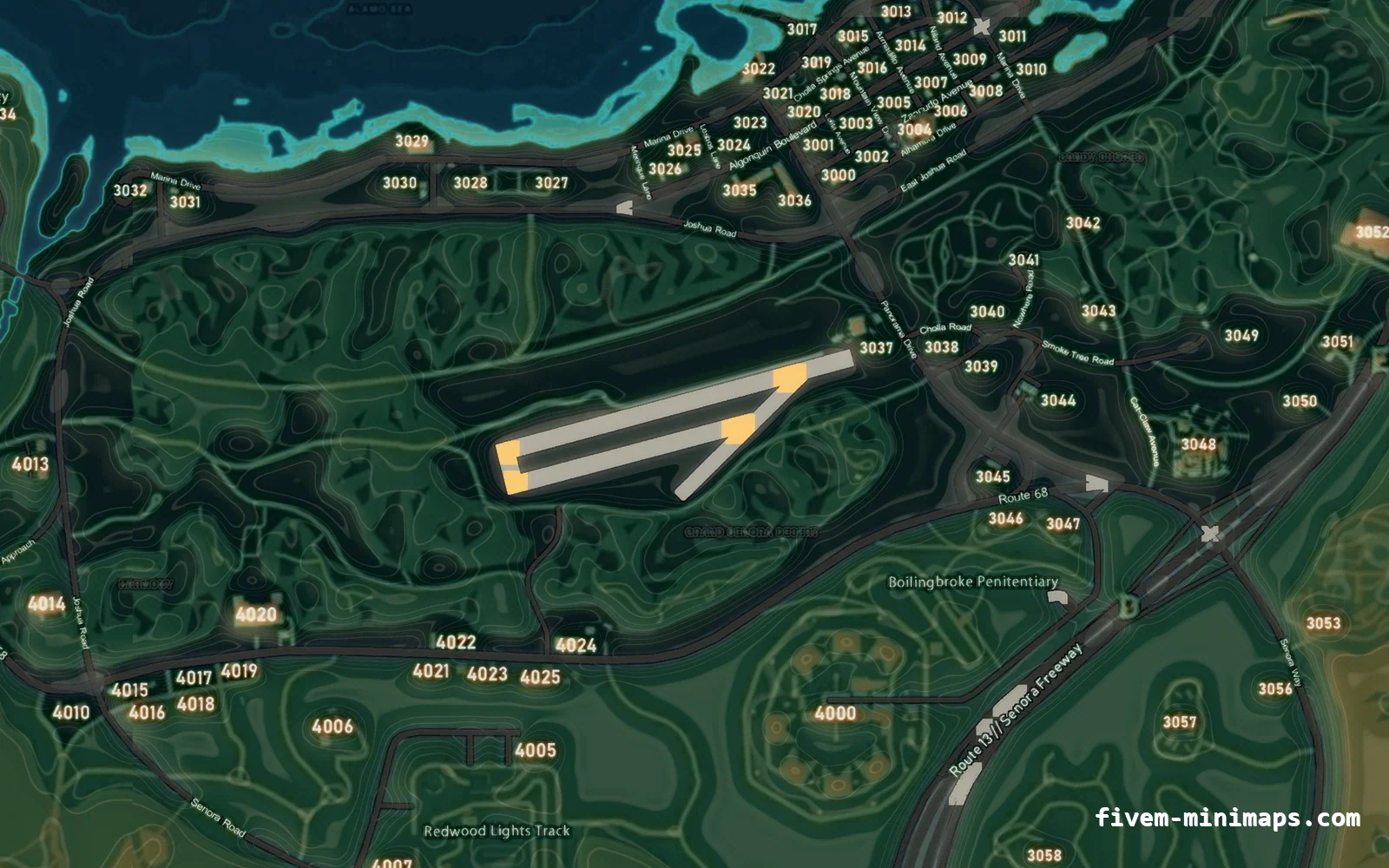 Mixed dark TOPO NIGHT FiveM minimap for GTA V — with postal codes — showing Sandy Shores and the desert
