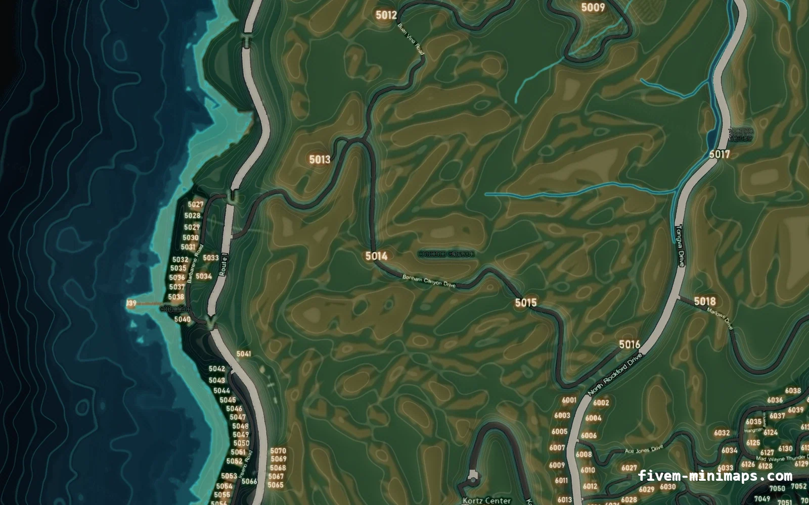 Mixed dark TOPO NIGHT FiveM minimap for GTA V — with postal codes — showing the west coast and depth contours