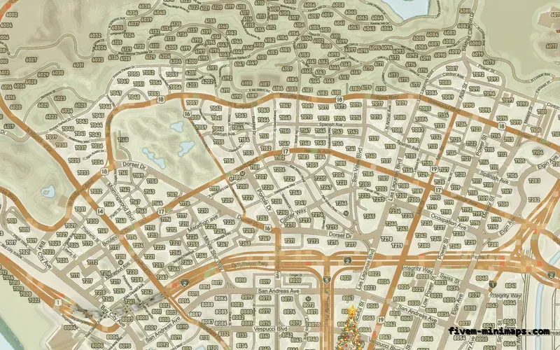 Christmas Mixed light WINTER TOPO DAY FiveM-compatible minimap for GTA 5 — google style — showing Los Santos street detail