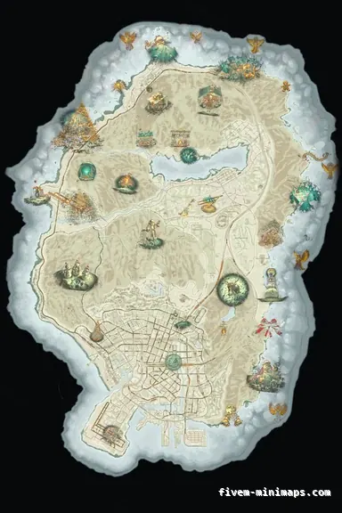 Christmas Mixed light WINTER TOPO DAY FiveM-compatible minimap for GTA 5 — without postal codes — showing the whole Los Santos and Blaine County map