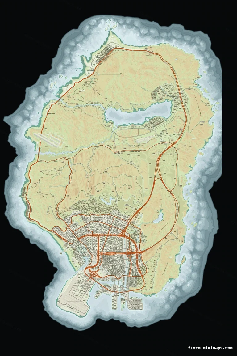 Mixed light TOPO DAY FiveM minimap for GTA V — google style — showing the whole San Andreas map