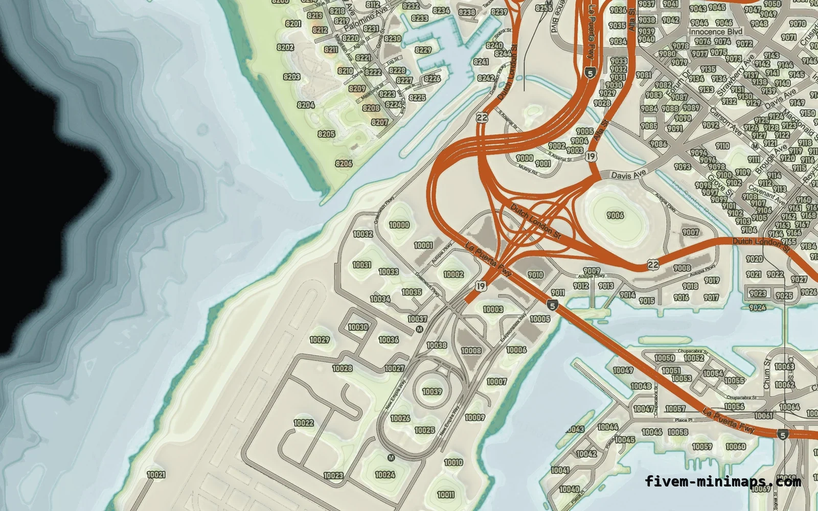 Mixed light TOPO DAY FiveM minimap for GTA V — google style — showing the harbour and industrial docks