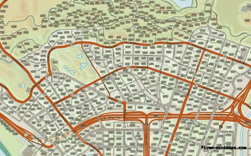 Mixed light TOPO DAY FiveM minimap for GTA V — google style — showing Los Santos street detail