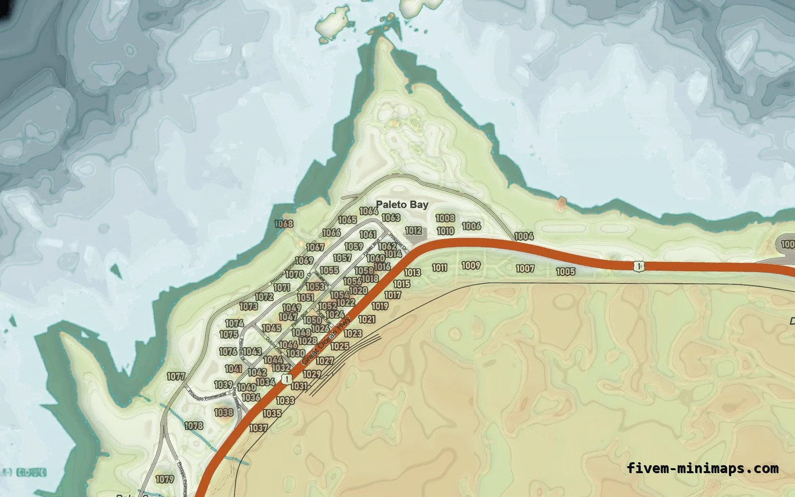 Mixed light TOPO DAY FiveM minimap for GTA V — google style — showing Paleto Bay and Mount Chiliad