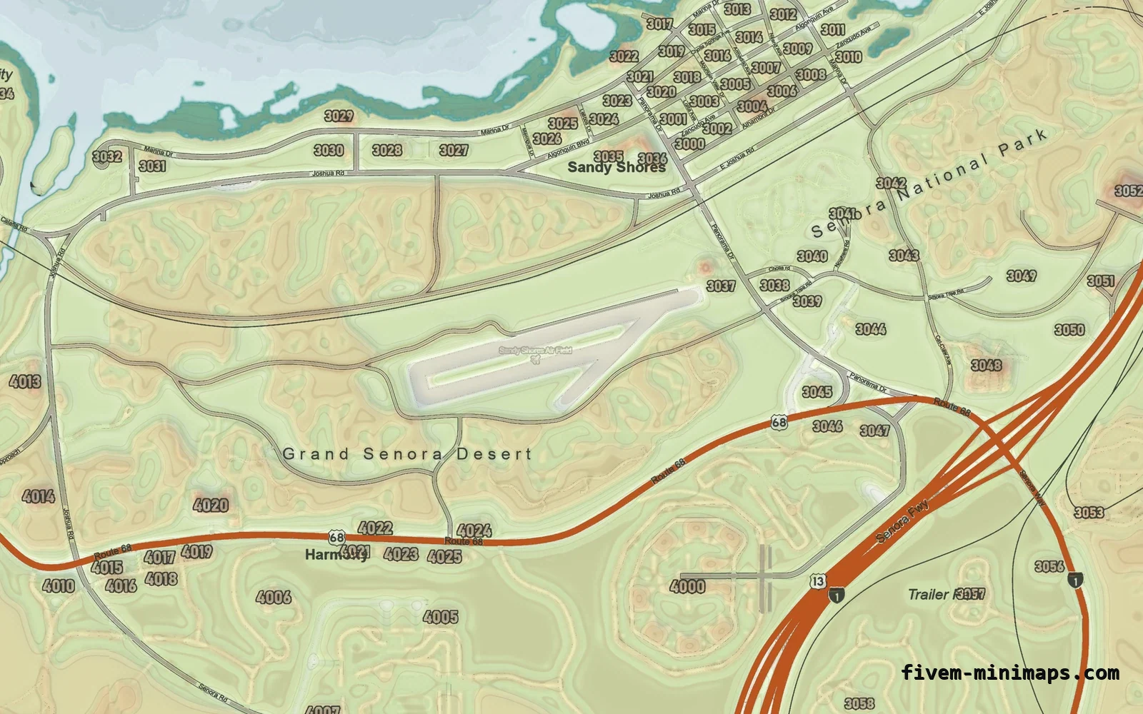 Mixed light TOPO DAY FiveM minimap for GTA V — google style — showing Sandy Shores and the desert