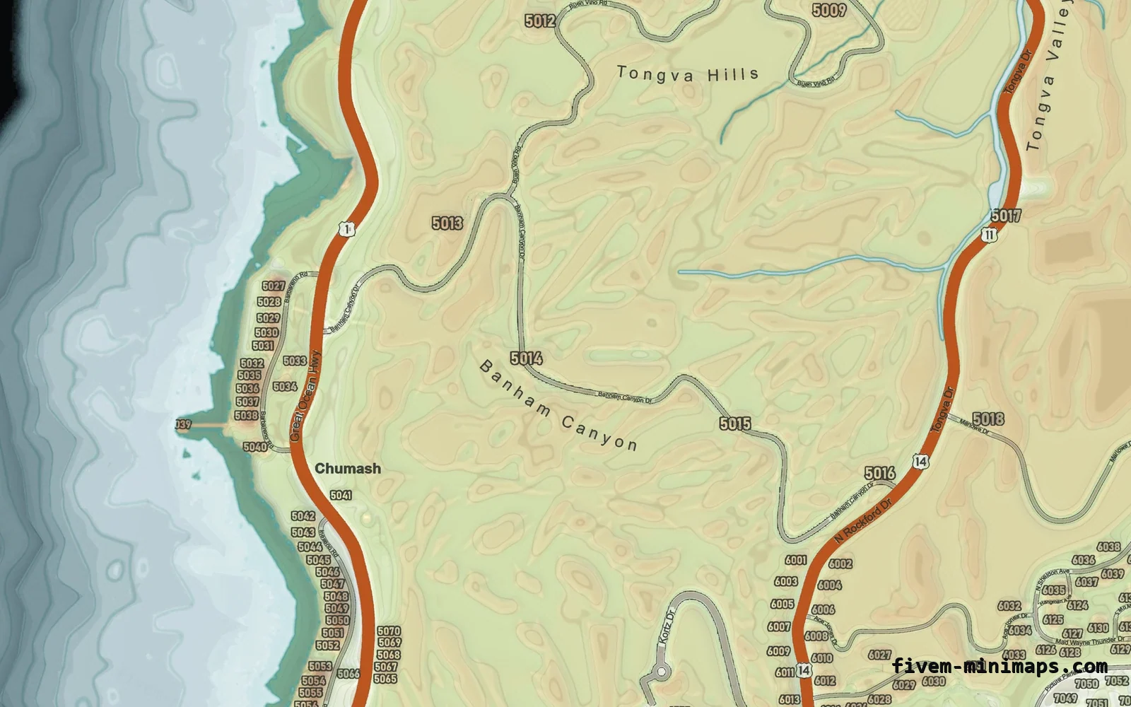 Mixed light TOPO DAY FiveM minimap for GTA V — google style — showing the west coast and depth contours