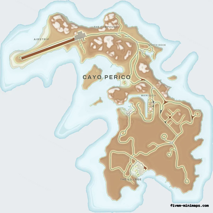 Mixed light TOPO DAY Cayo Perico FiveM-compatible minimap for GTA 5 — optional island add-on in the same palette, without postal codes