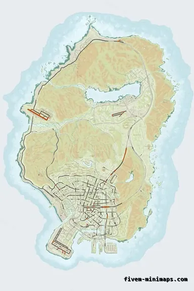 Mixed light TOPO DAY FiveM minimap for GTA V — without postal codes — showing the whole San Andreas map