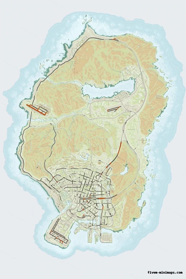 Mixed light TOPO DAY FiveM minimap for GTA V — without postal codes — showing the whole San Andreas map