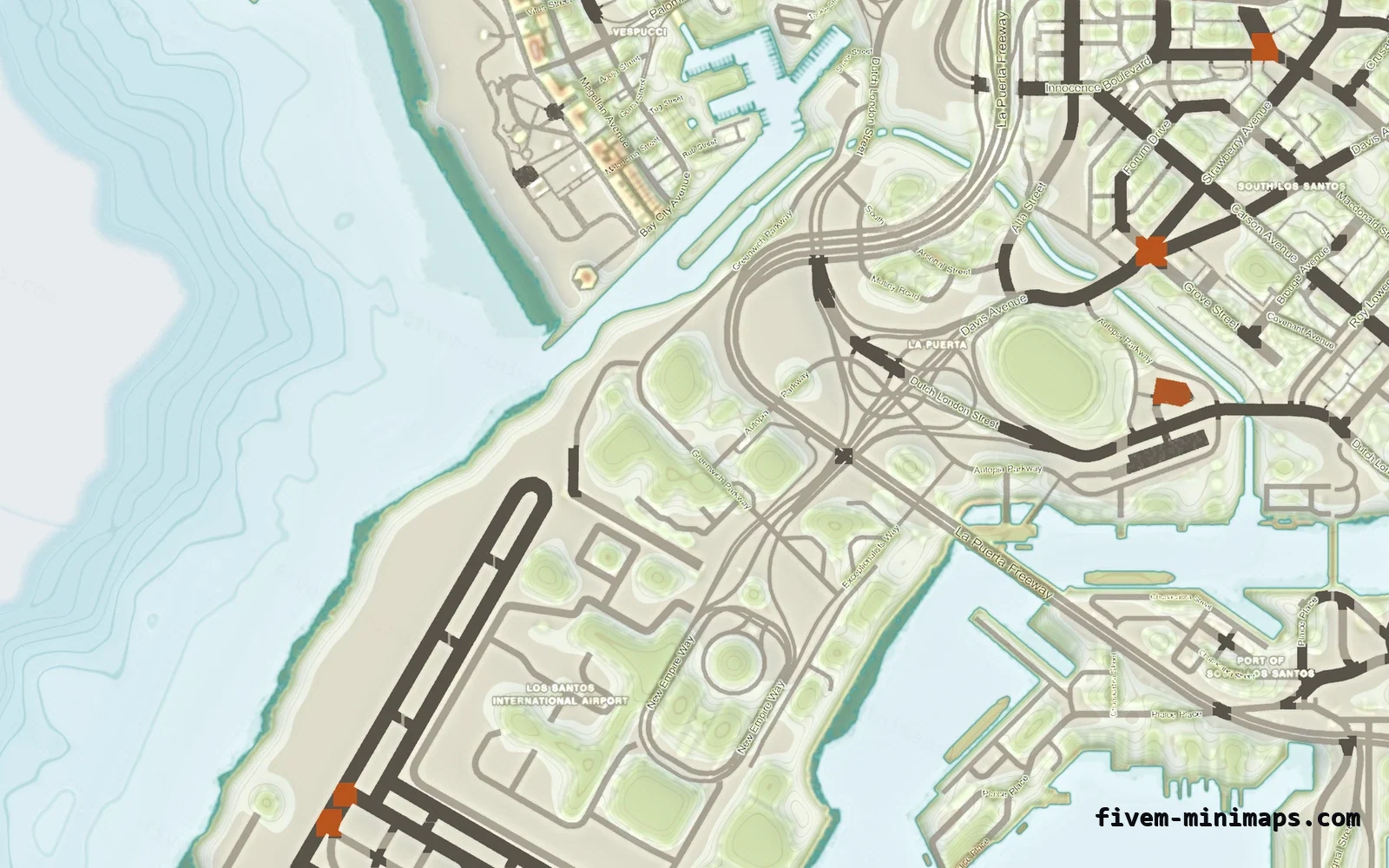 Mixed light TOPO DAY FiveM minimap for GTA V — without postal codes — showing the harbour and industrial docks