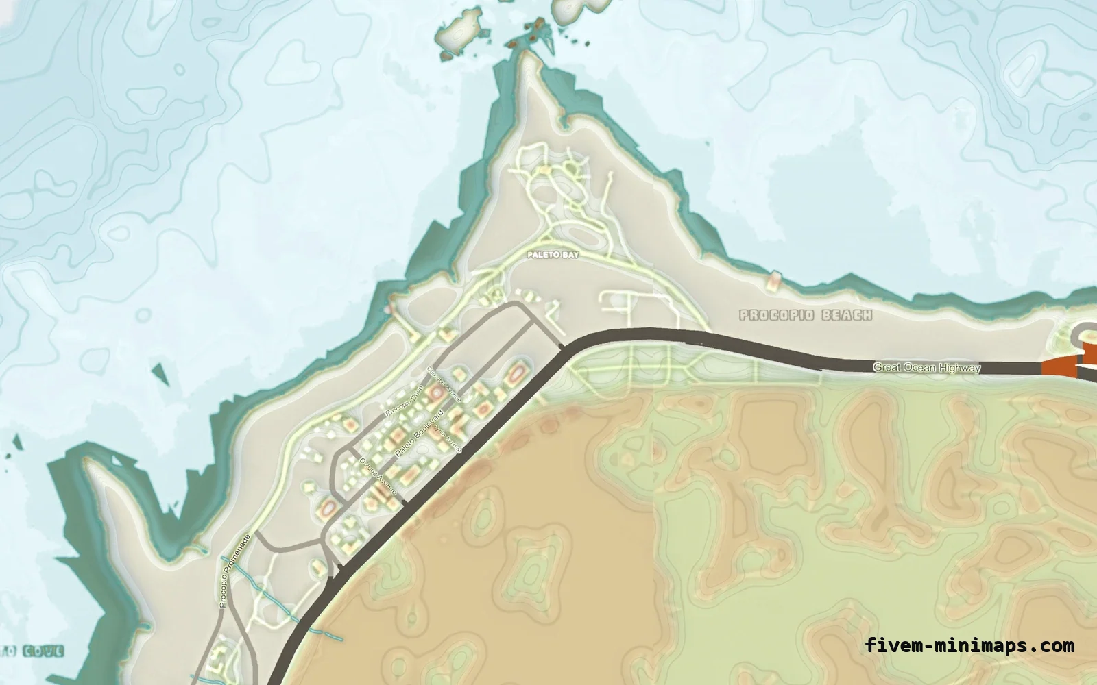 Mixed light TOPO DAY FiveM minimap for GTA V — without postal codes — showing Paleto Bay and Mount Chiliad