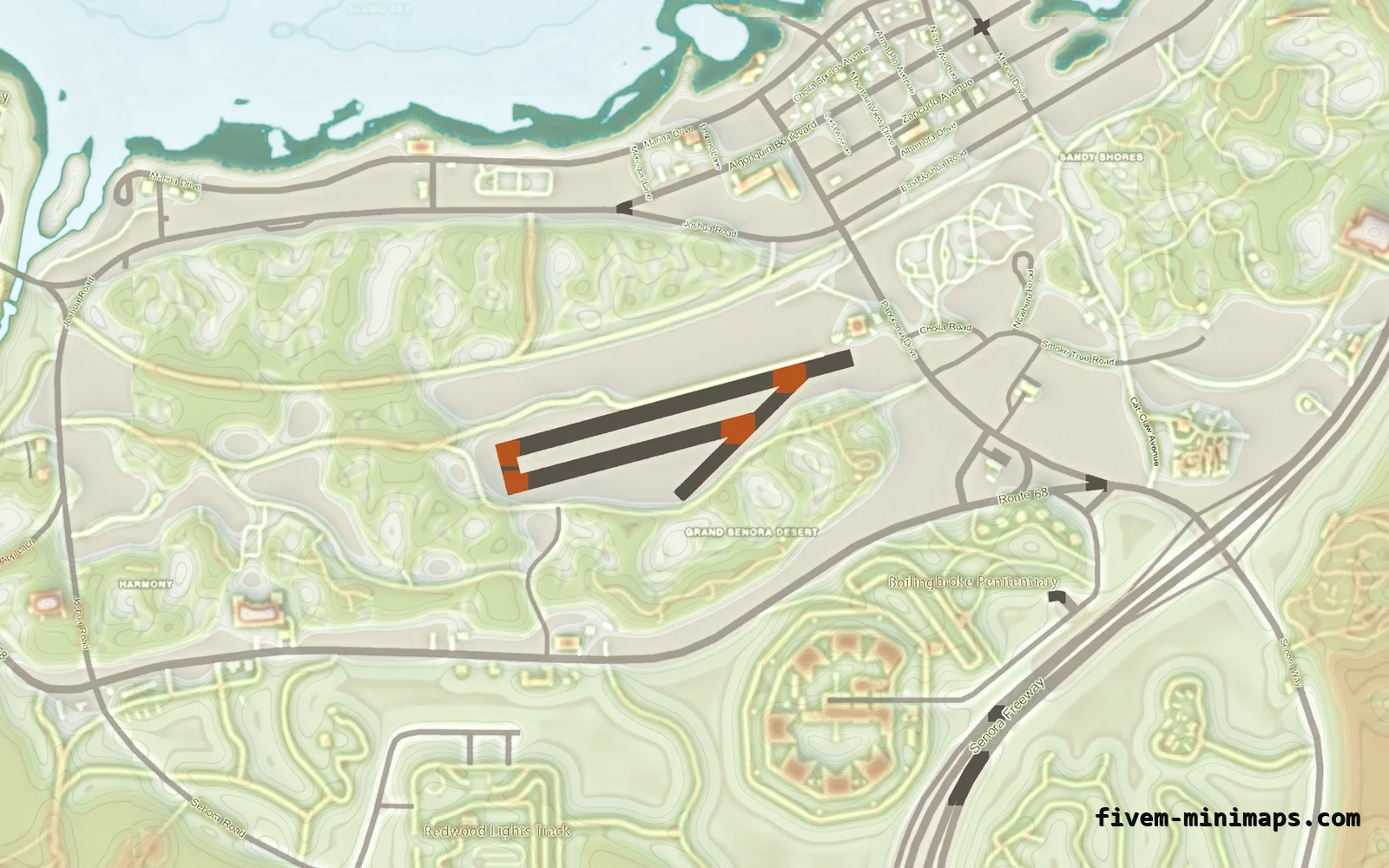Mixed light TOPO DAY FiveM minimap for GTA V — without postal codes — showing Sandy Shores and the desert