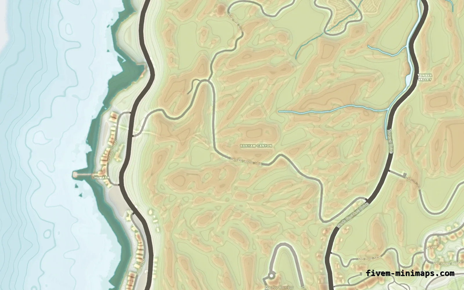 Mixed light TOPO DAY FiveM minimap for GTA V — without postal codes — showing the west coast and depth contours