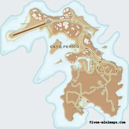Mixed light TOPO DAY Cayo Perico FiveM-compatible minimap for GTA 5 — optional island add-on in the same palette, with postal codes