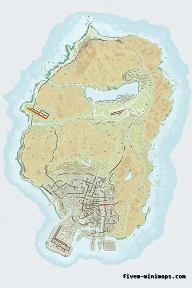 Mixed light TOPO DAY FiveM minimap for GTA V — with postal codes — showing the whole San Andreas map