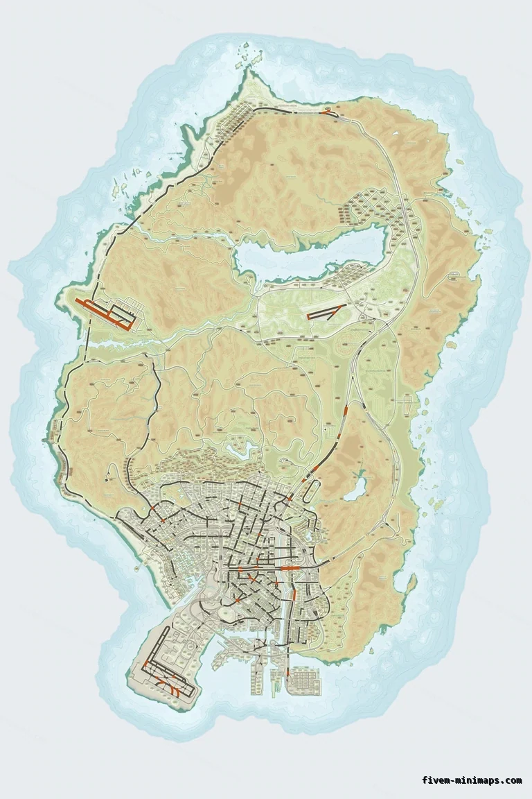 Mixed light TOPO DAY FiveM minimap for GTA V — with postal codes — showing the whole San Andreas map