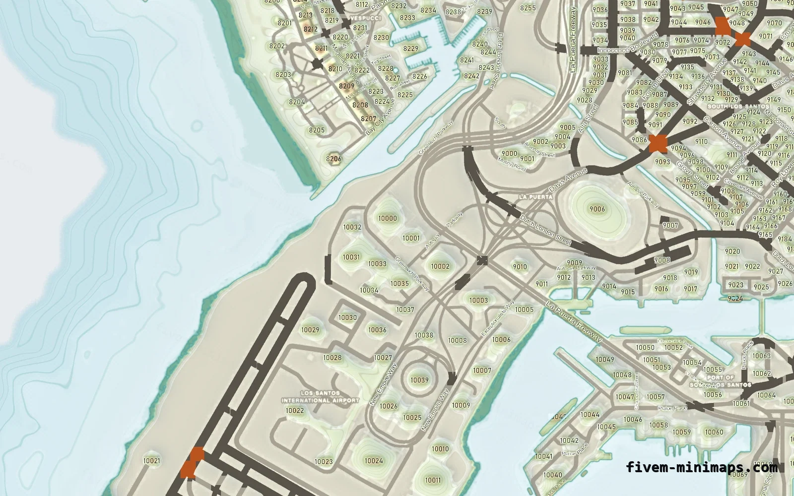 Mixed light TOPO DAY FiveM minimap for GTA V — with postal codes — showing the harbour and industrial docks