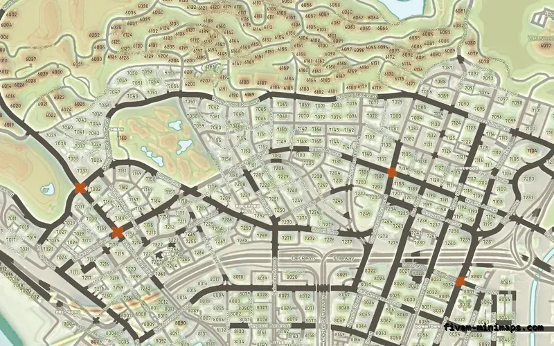 Mixed light TOPO DAY FiveM minimap for GTA V — with postal codes — showing Los Santos street detail