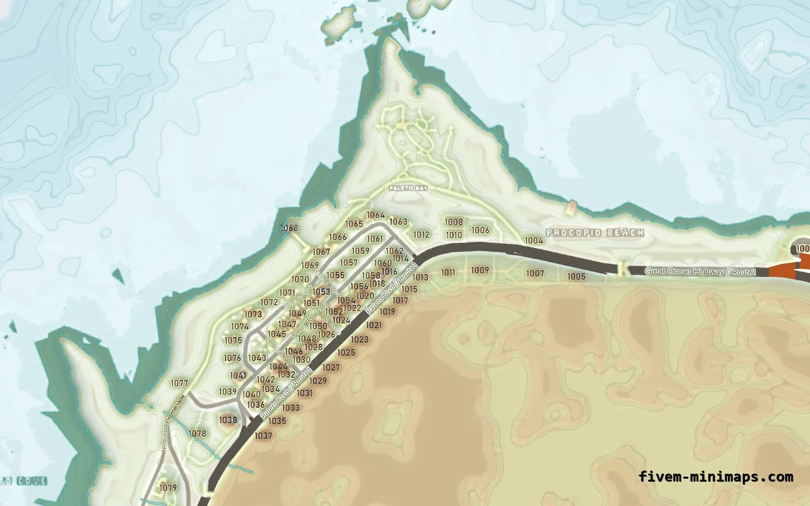Mixed light TOPO DAY FiveM minimap for GTA V — with postal codes — showing Paleto Bay and Mount Chiliad