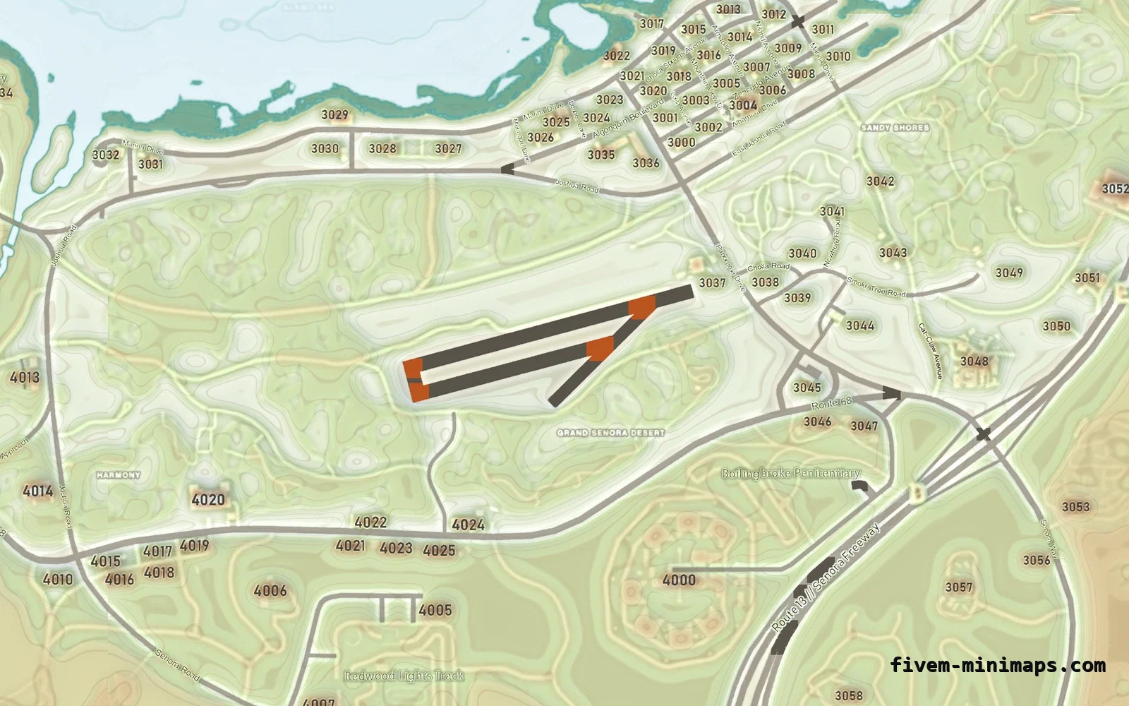 Mixed light TOPO DAY FiveM minimap for GTA V — with postal codes — showing Sandy Shores and the desert