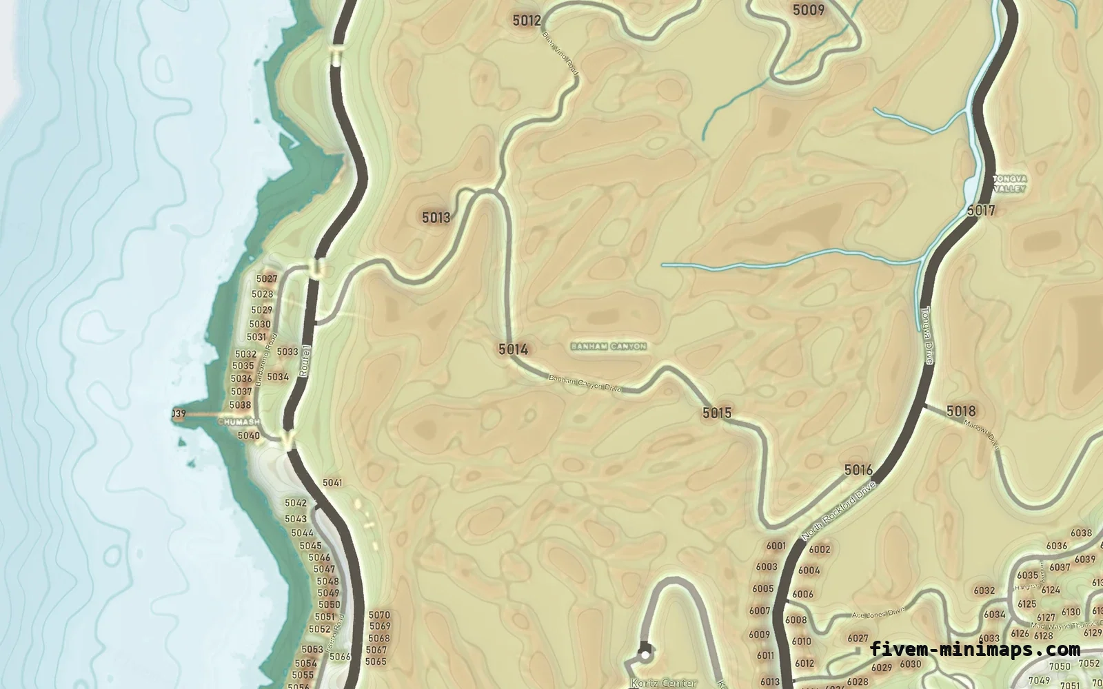 Mixed light TOPO DAY FiveM minimap for GTA V — with postal codes — showing the west coast and depth contours