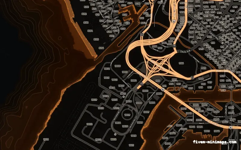Orange EMBER FiveM minimap showing the harbour and industrial docks in Google style