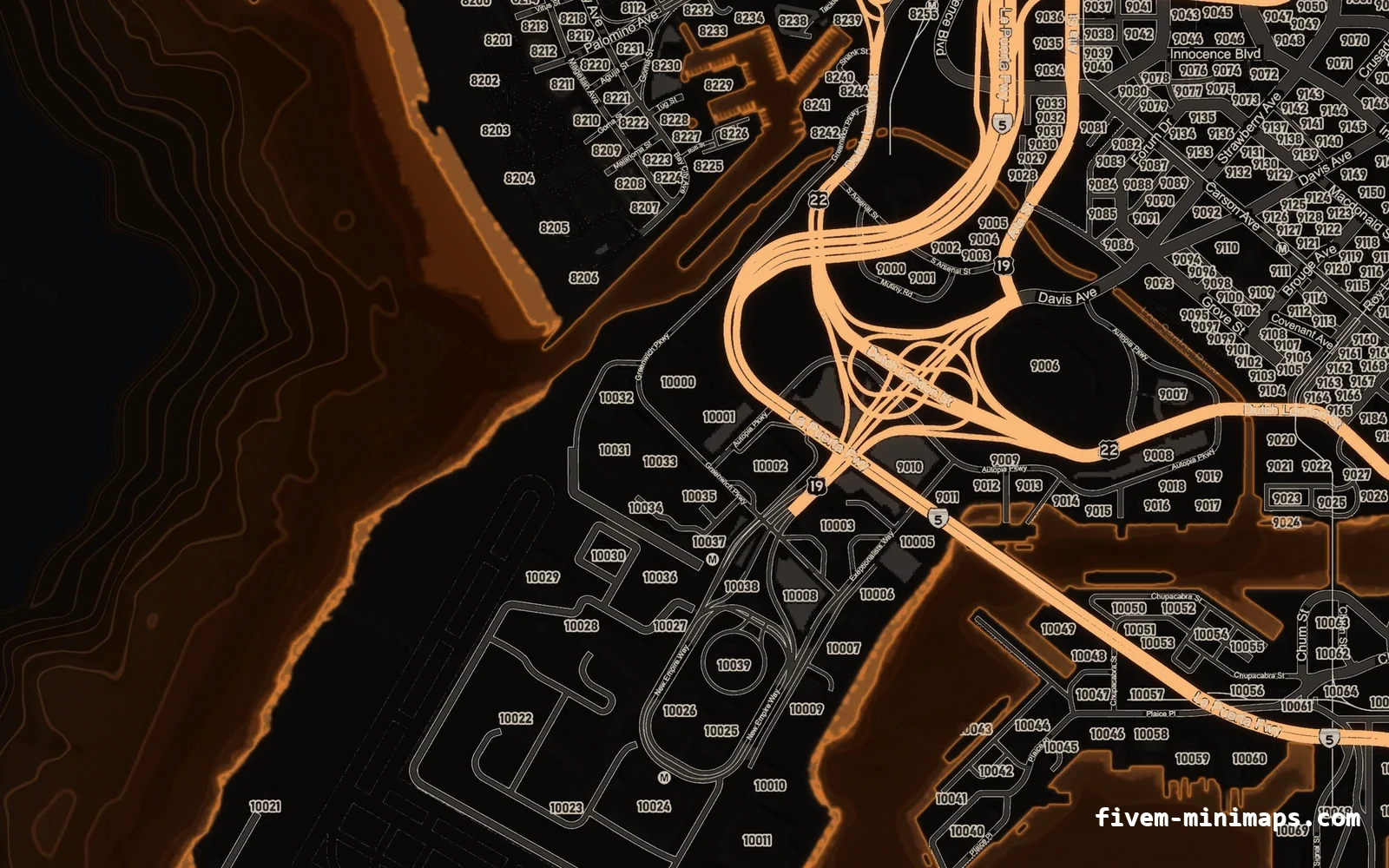 Orange EMBER FiveM minimap for GTA V — google style — showing the harbour and industrial docks