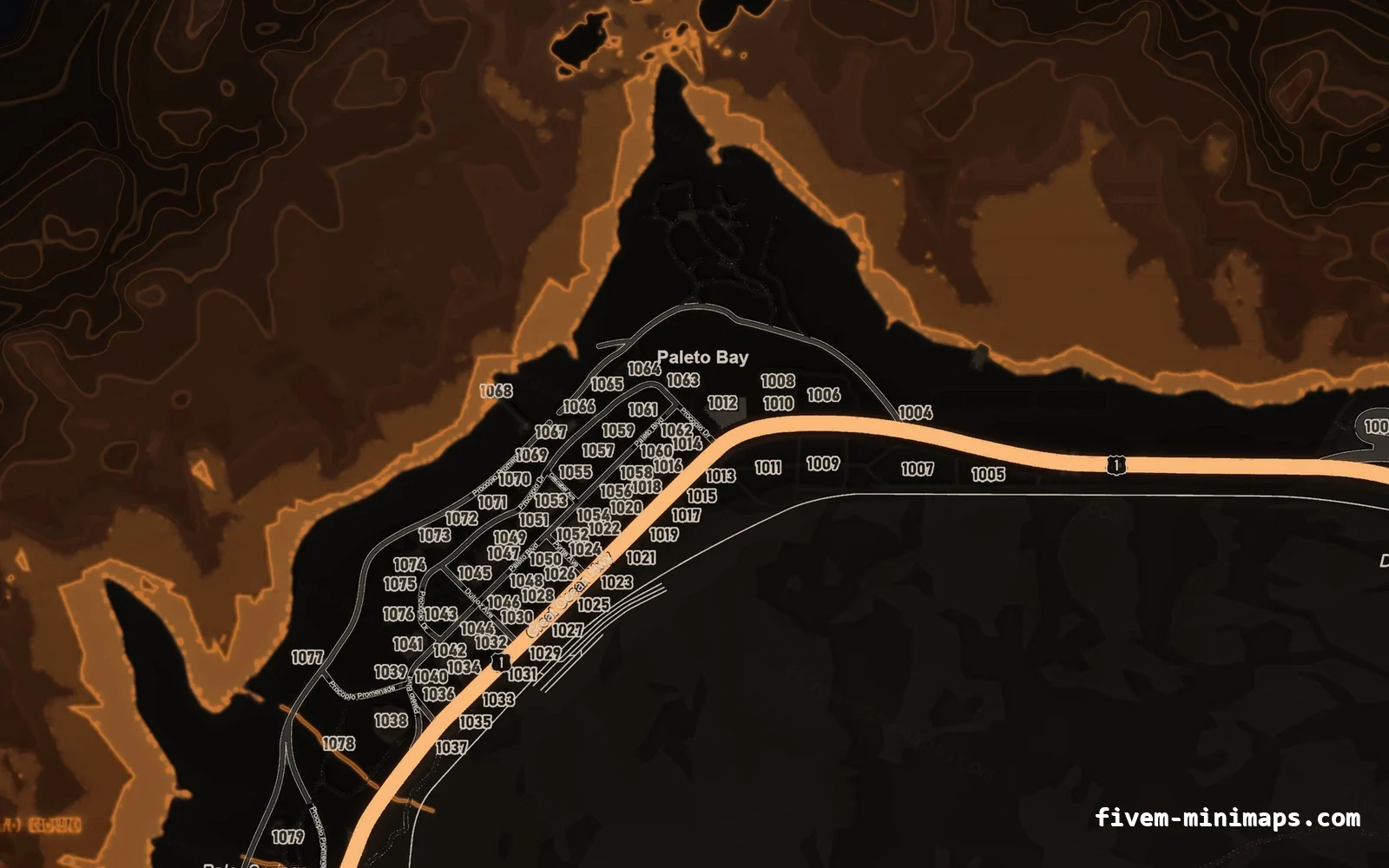 Orange EMBER FiveM minimap for GTA V — google style — showing Paleto Bay and Mount Chiliad