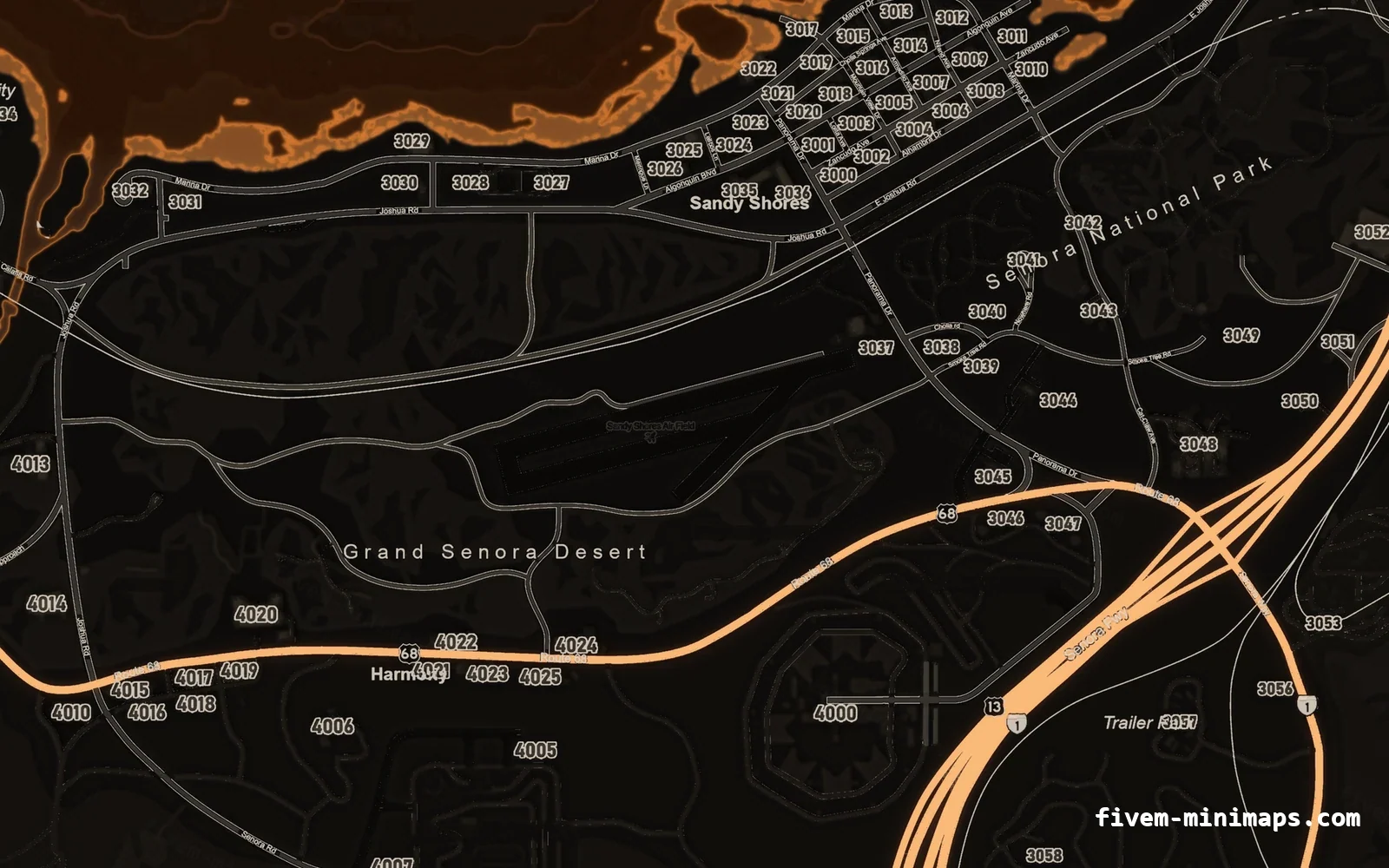 Orange EMBER FiveM minimap for GTA V — google style — showing Sandy Shores and the desert