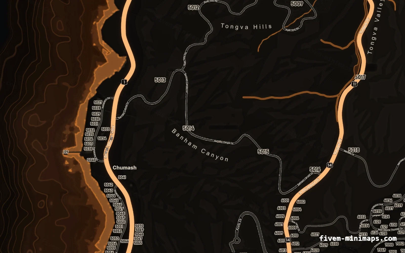 Orange EMBER FiveM minimap for GTA V — google style — showing the west coast and depth contours