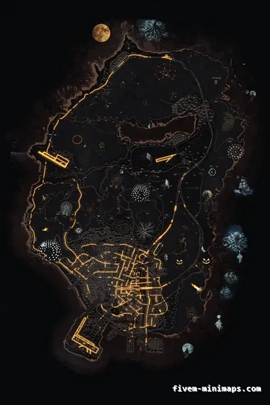 Halloween Orange HAUNTED EMBER FiveM-compatible minimap for GTA 5 — with postal codes — showing the whole Los Santos and Blaine County map