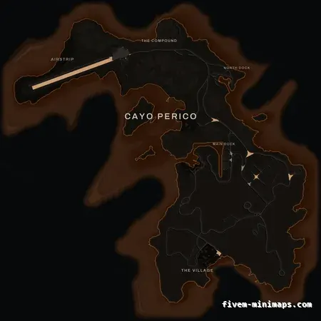 Orange EMBER Cayo Perico FiveM-compatible minimap for GTA 5 — optional island add-on in the same palette, without postal codes