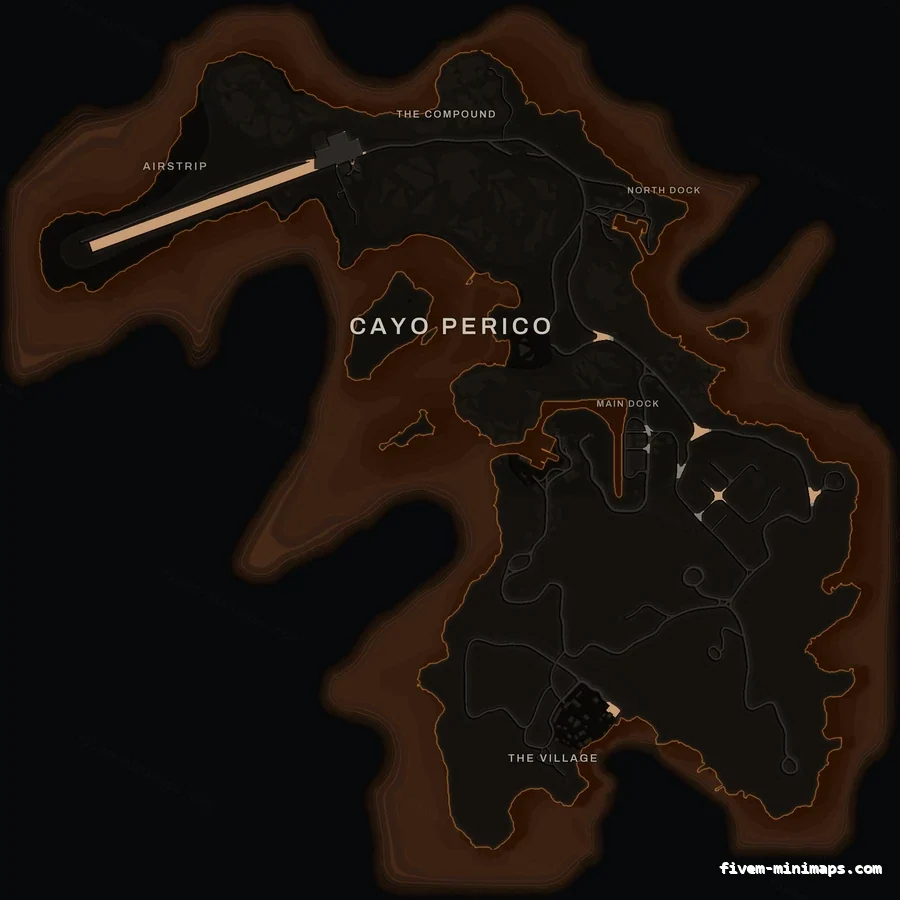 Orange EMBER Cayo Perico FiveM-compatible minimap for GTA 5 — optional island add-on in the same palette, without postal codes