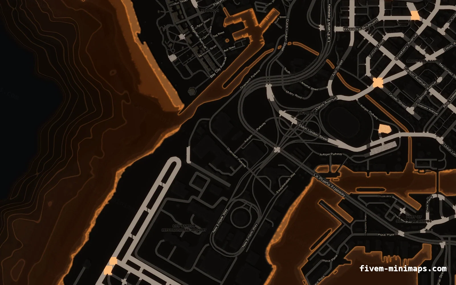 Orange EMBER FiveM minimap for GTA V — without postal codes — showing the harbour and industrial docks