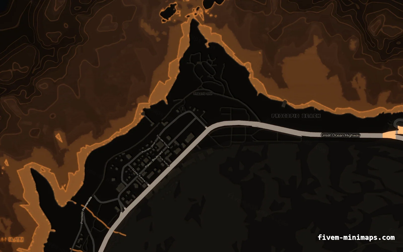 Orange EMBER FiveM minimap for GTA V — without postal codes — showing Paleto Bay and Mount Chiliad