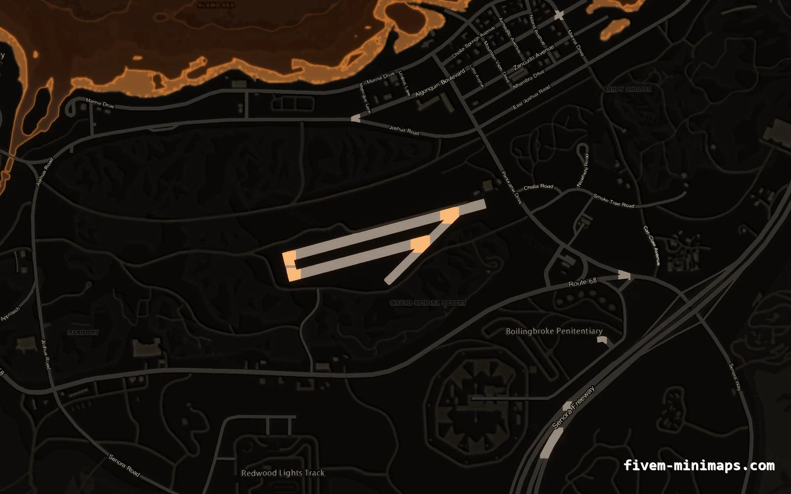 Orange EMBER FiveM minimap for GTA V — without postal codes — showing Sandy Shores and the desert