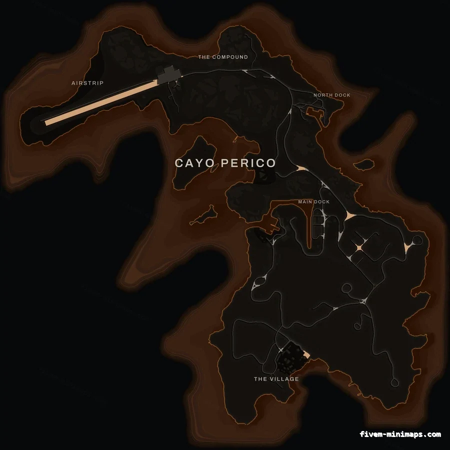 Orange EMBER Cayo Perico FiveM-compatible minimap for GTA 5 — optional island add-on in the same palette, with postal codes