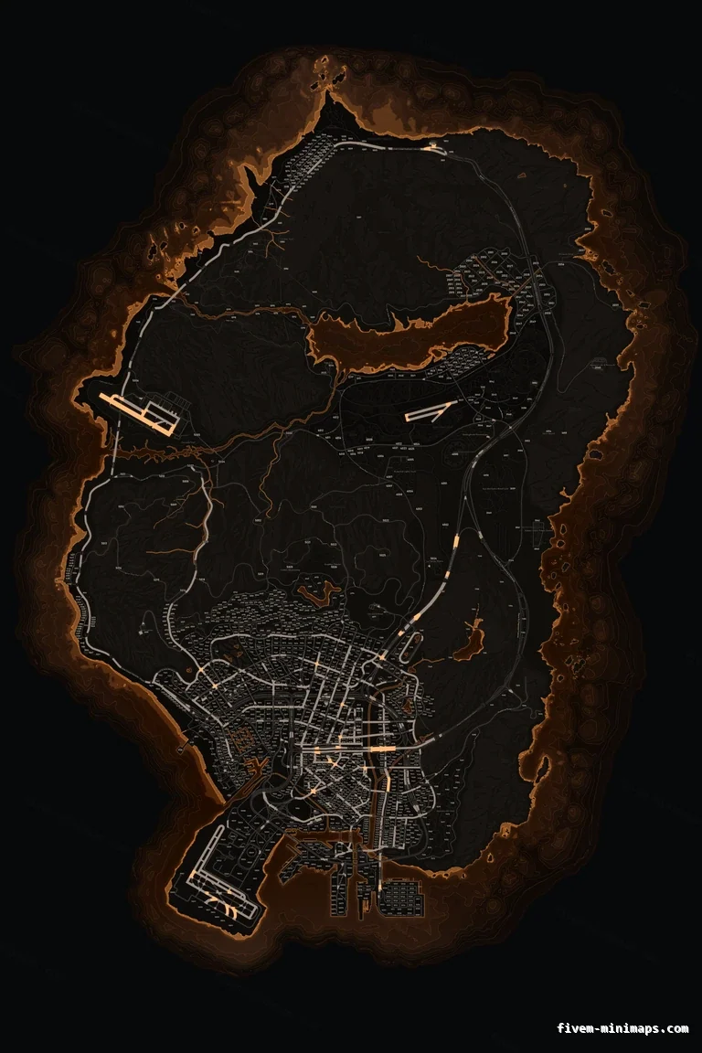 Orange EMBER FiveM minimap for GTA V — with postal codes — showing the whole San Andreas map