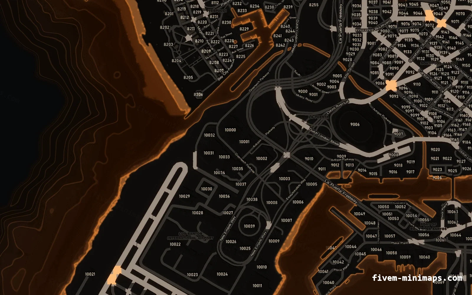 Orange minimap — Harbour Orange EMBER FiveM minimap for GTA V — with postal codes — showing the harbour and industrial docks